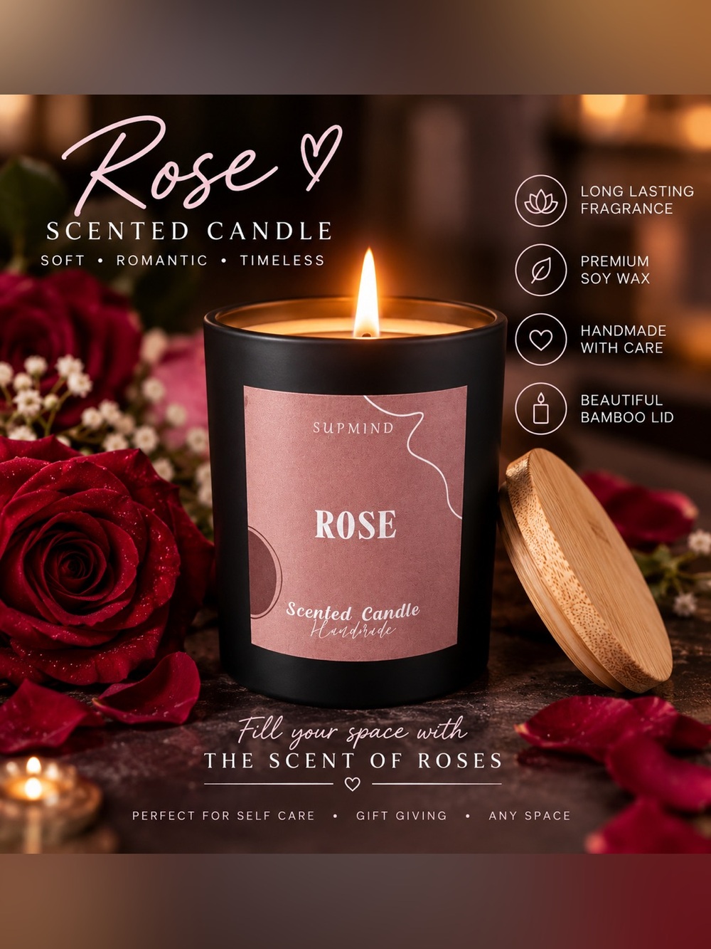 Handmade Rose Scented Soy Candle — 7 oz | Bamboo Lid